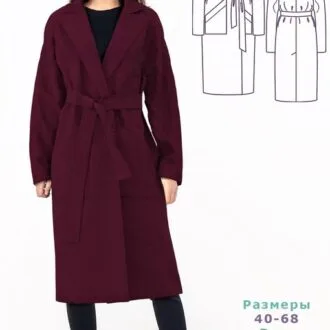 Женское пальто-халат с запахом и поясом, размеры 40–68